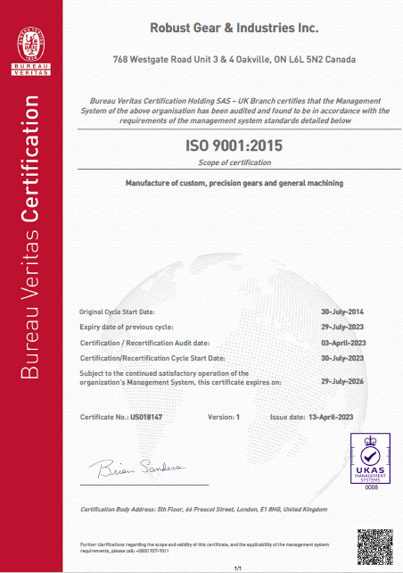 Robust Gear & Industries ISO 9001: 2015 Certification