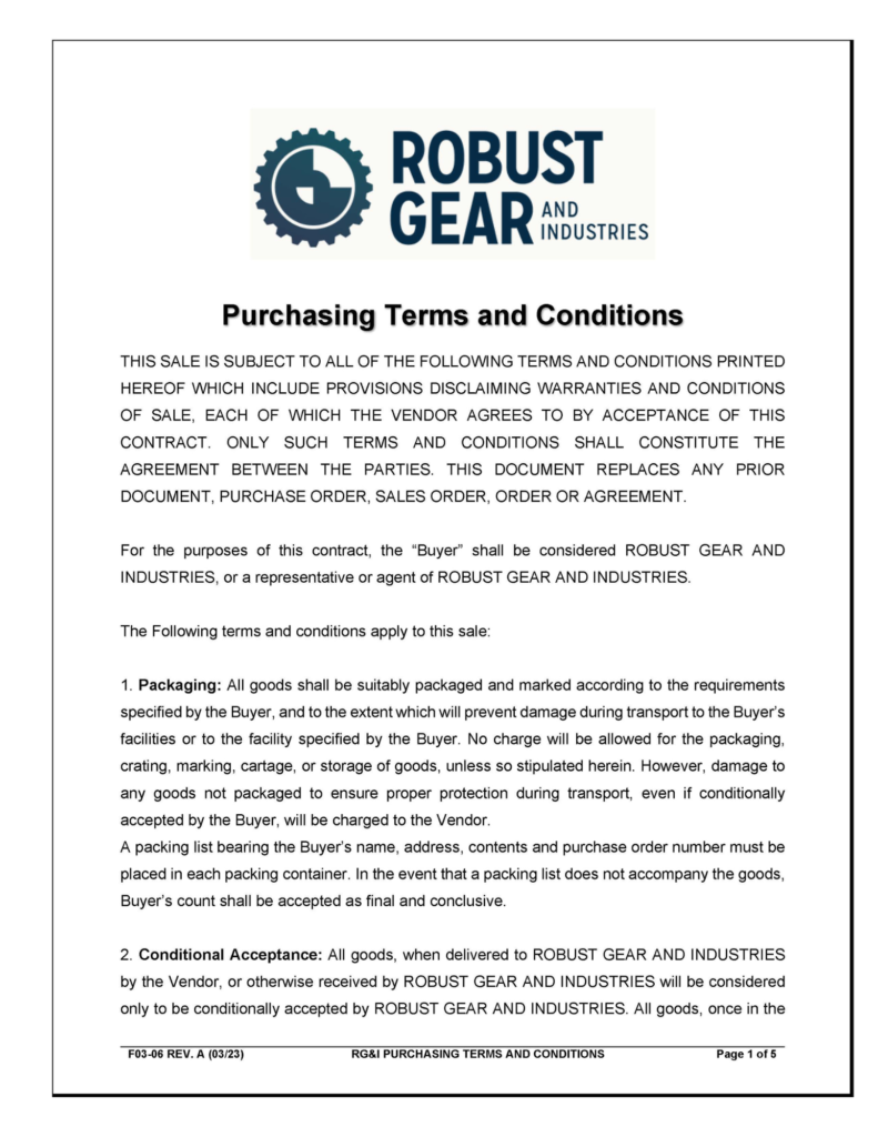 Robust Gear Purchasing Terms & Conditions