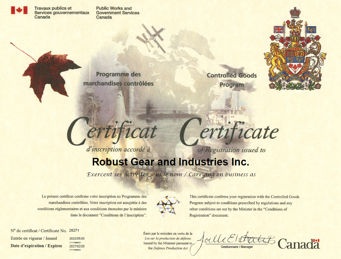 Robust Gear & Industries Controlled Good Program Certification
